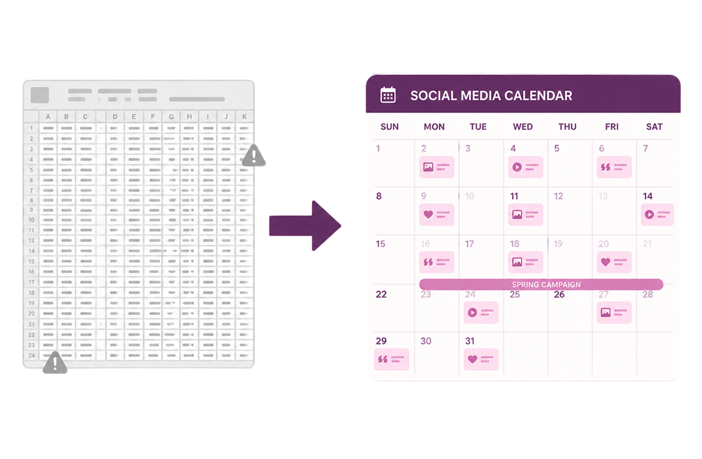 Spreadsheet with warning icons transforming into a visual social media calendar with scheduled posts and campaign timelines