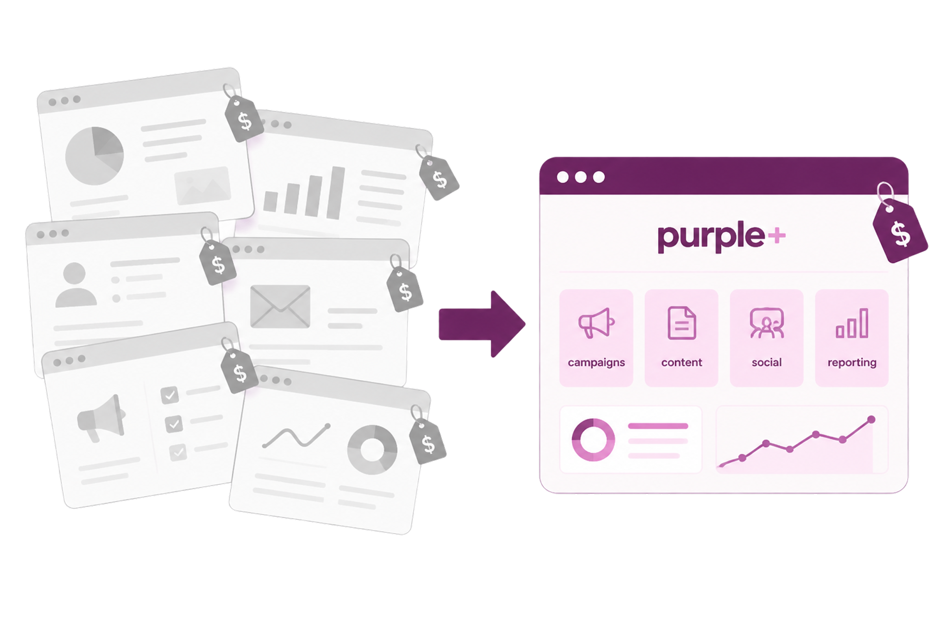 Replace multiple marketing tools with one platform — consolidate campaigns, content, social, and reporting into Purple+