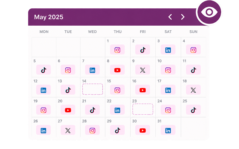Calendar view showing scheduled posts across social platforms with visibility into upcoming content