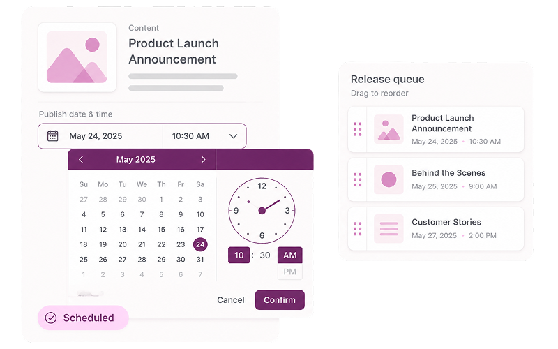 Content scheduler showing publishing date control with calendar, time picker, and release queue management