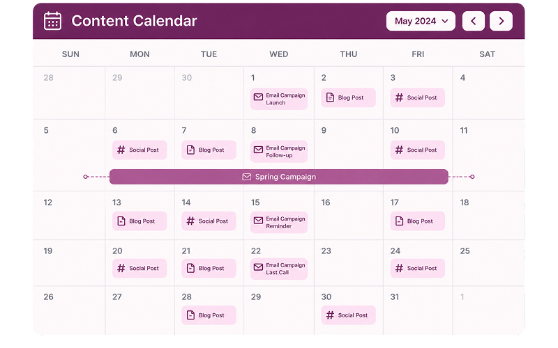 Content calendar showing email campaigns planned alongside blog posts and social content