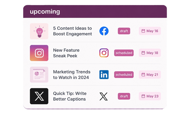 Organize upcoming content: content ideas, drafts, and scheduled posts in one place