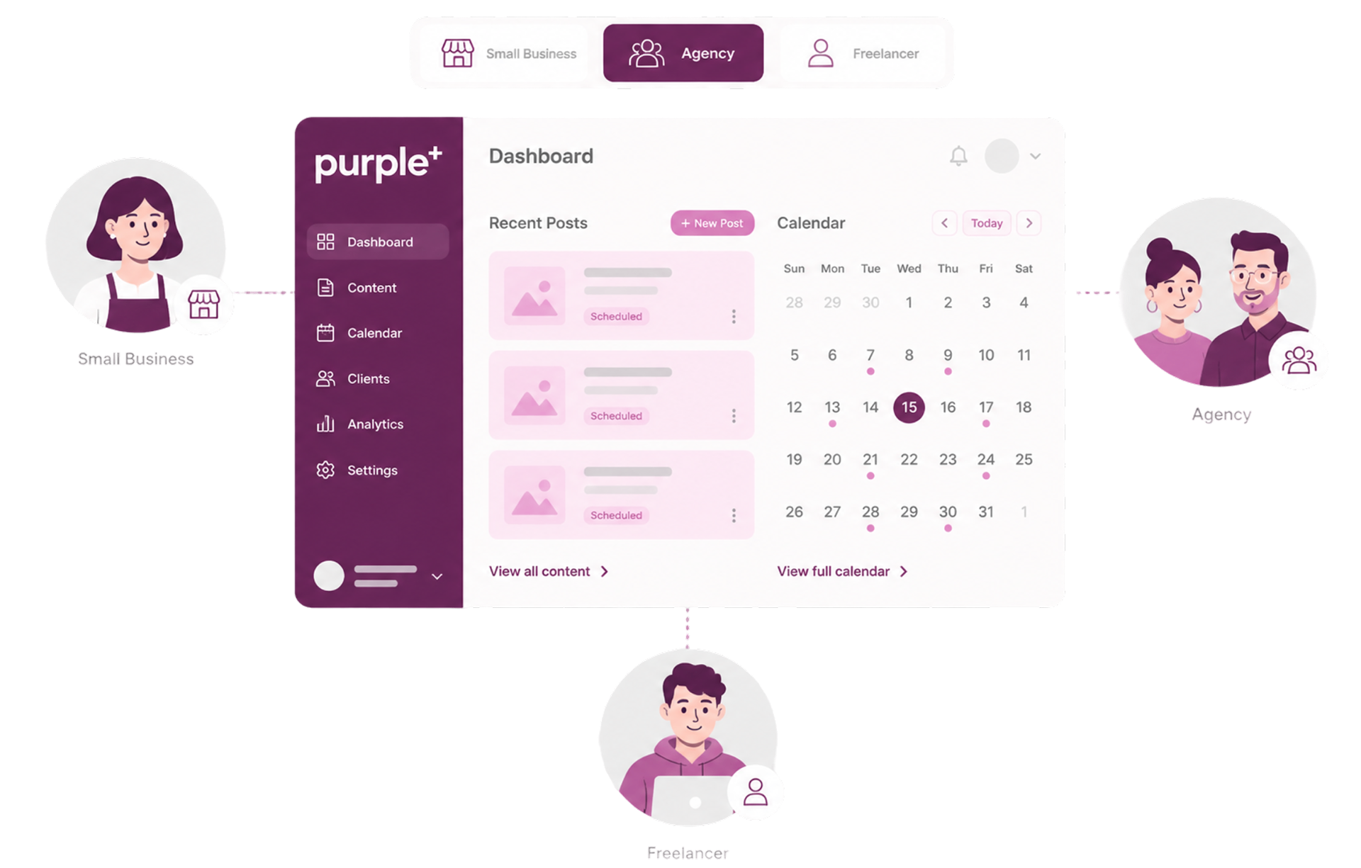 Purple+ workspace tailored for small businesses, agencies, and freelancers