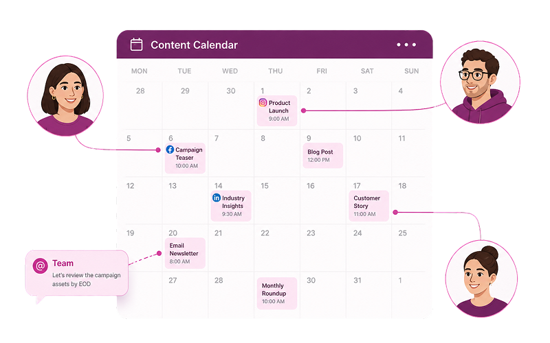 Team members coordinating marketing activities through a shared content calendar with scheduled posts