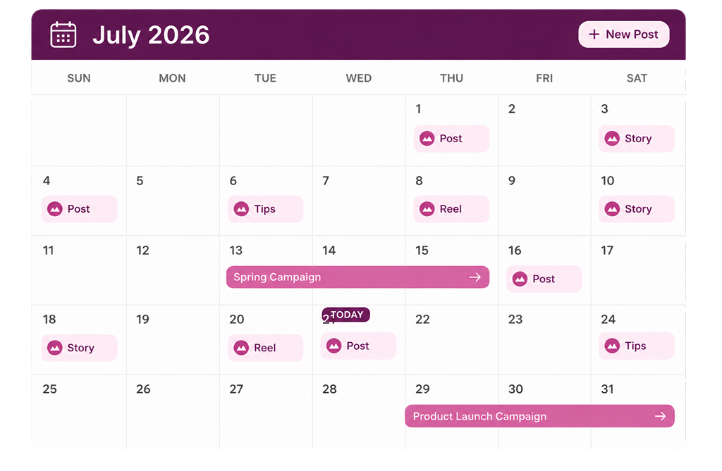 Social media calendar showing scheduled posts, stories, reels, tips, and campaigns across July 2026