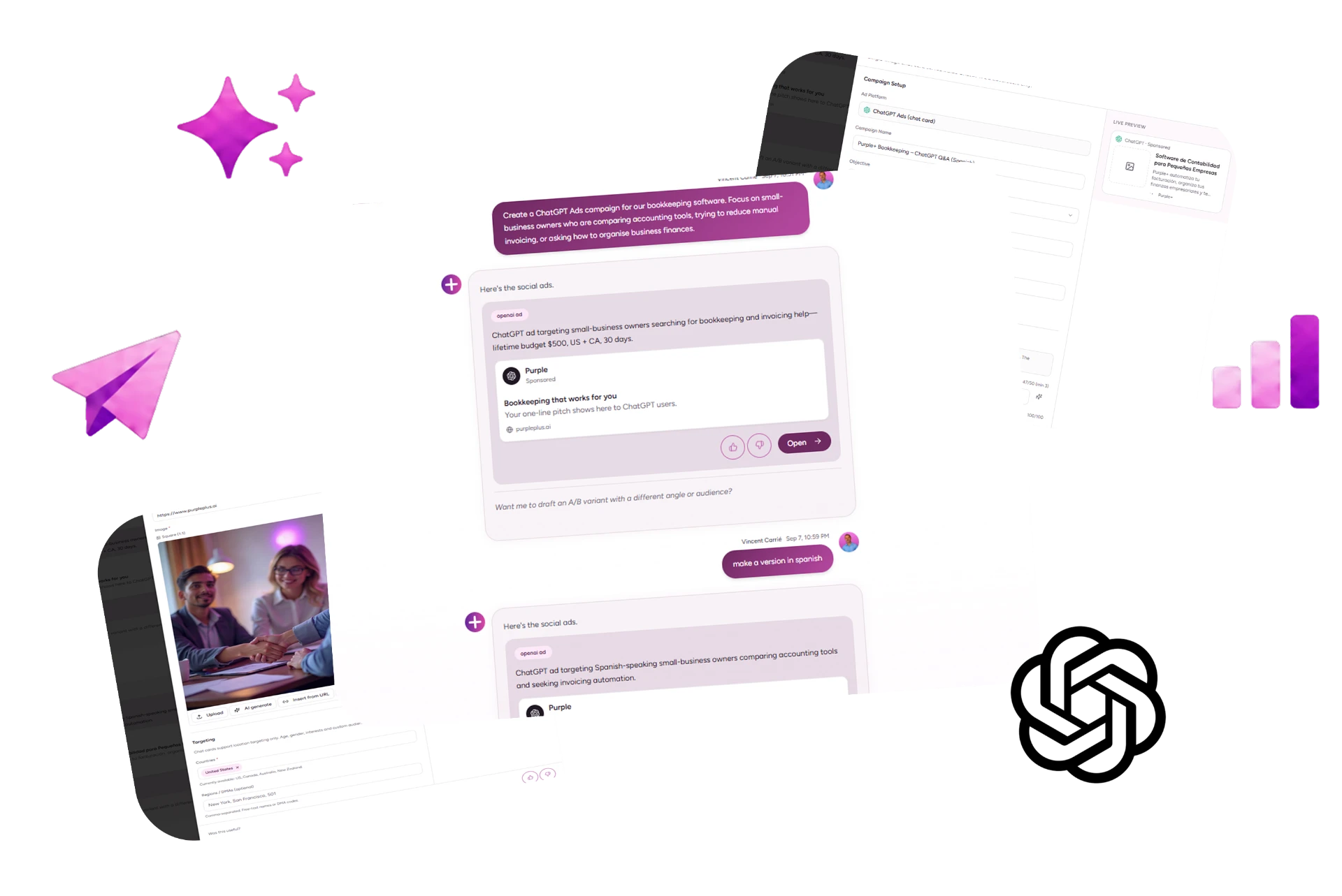 Purple+ building a ChatGPT ads campaign, with campaign setup, live ad preview and targeting