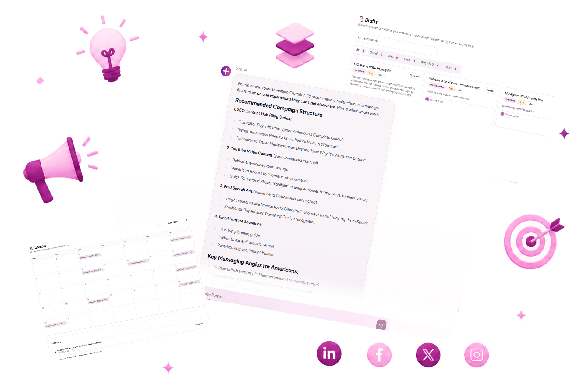 Social media planner dashboard showing campaign structure, content drafts, and calendar with marketing activities