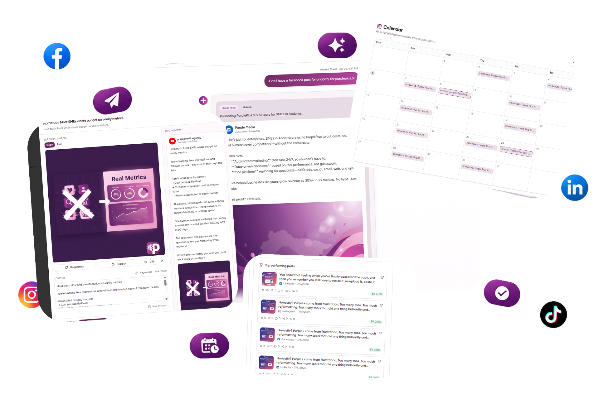 Social media management platform showing content calendar, publishing workflows, and cross-platform scheduling