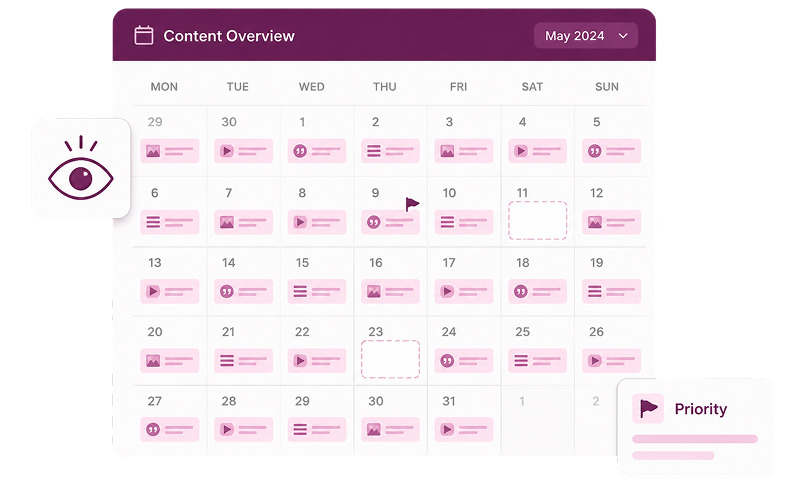 Content visibility dashboard showing upcoming blog posts, social posts, articles, and campaigns for May 2025