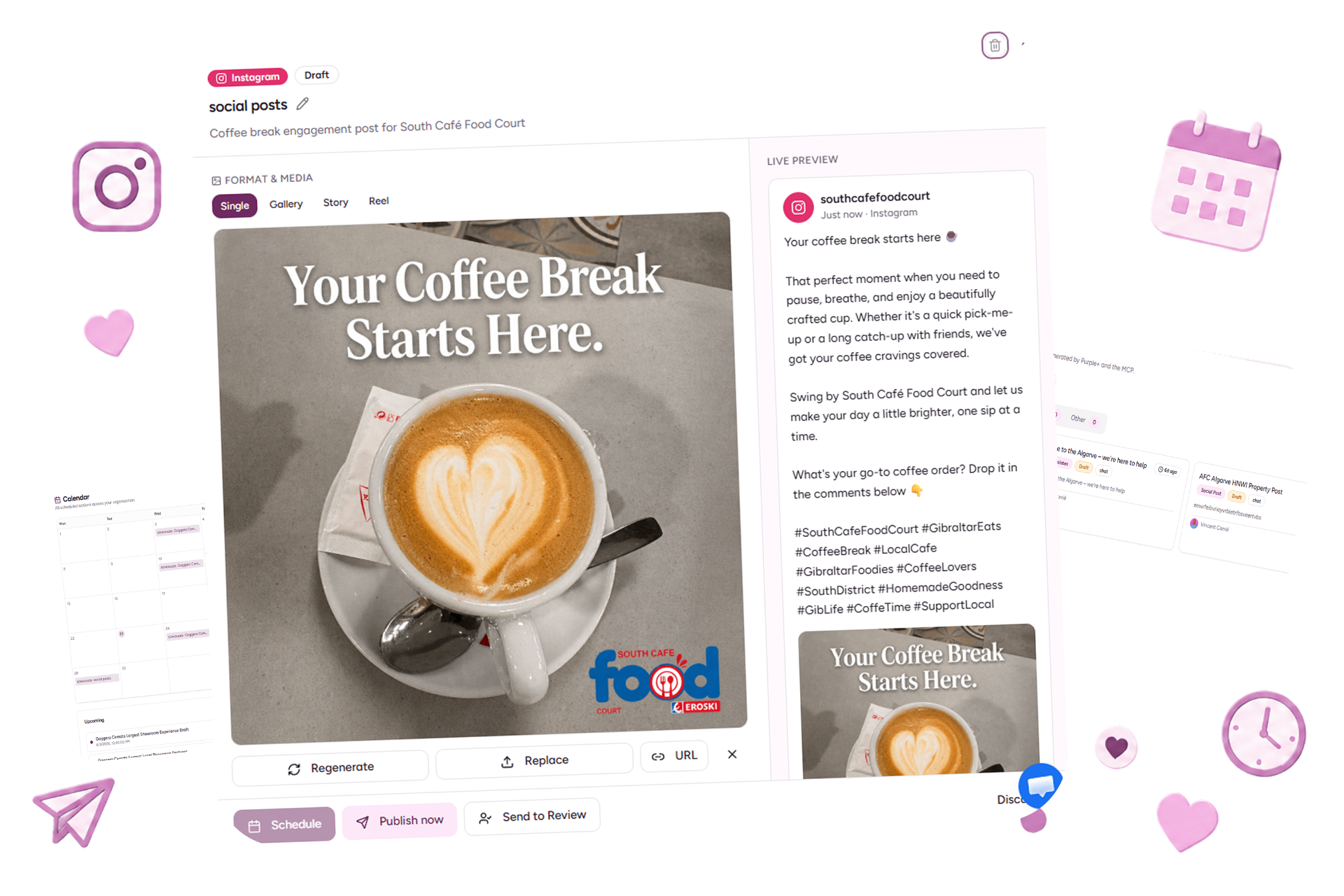 Purple+ Instagram post scheduler — draft Instagram posts with live preview, schedule, and publish