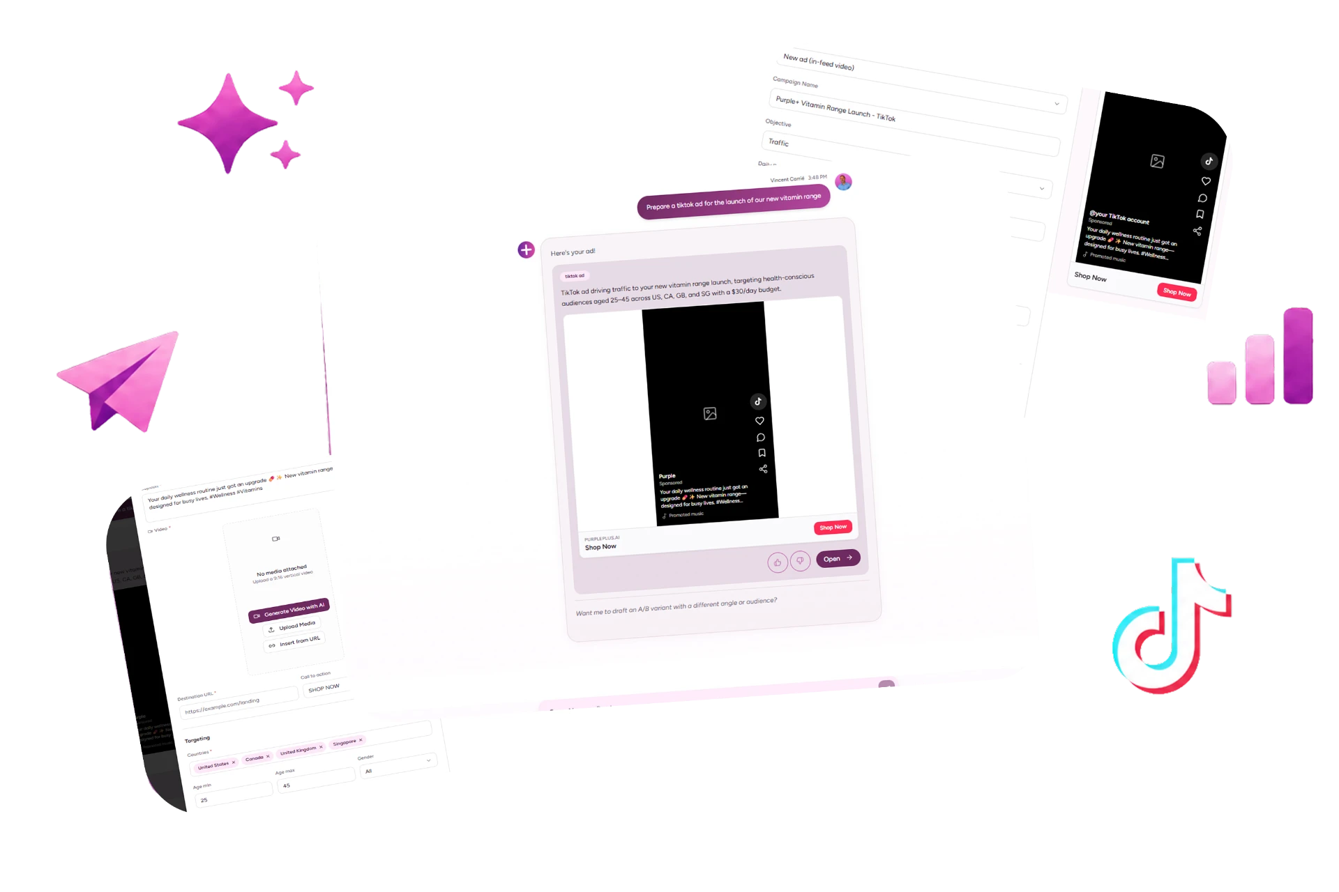 Purple+ creating a TikTok in-feed video ad, with campaign setup, targeting and ad preview