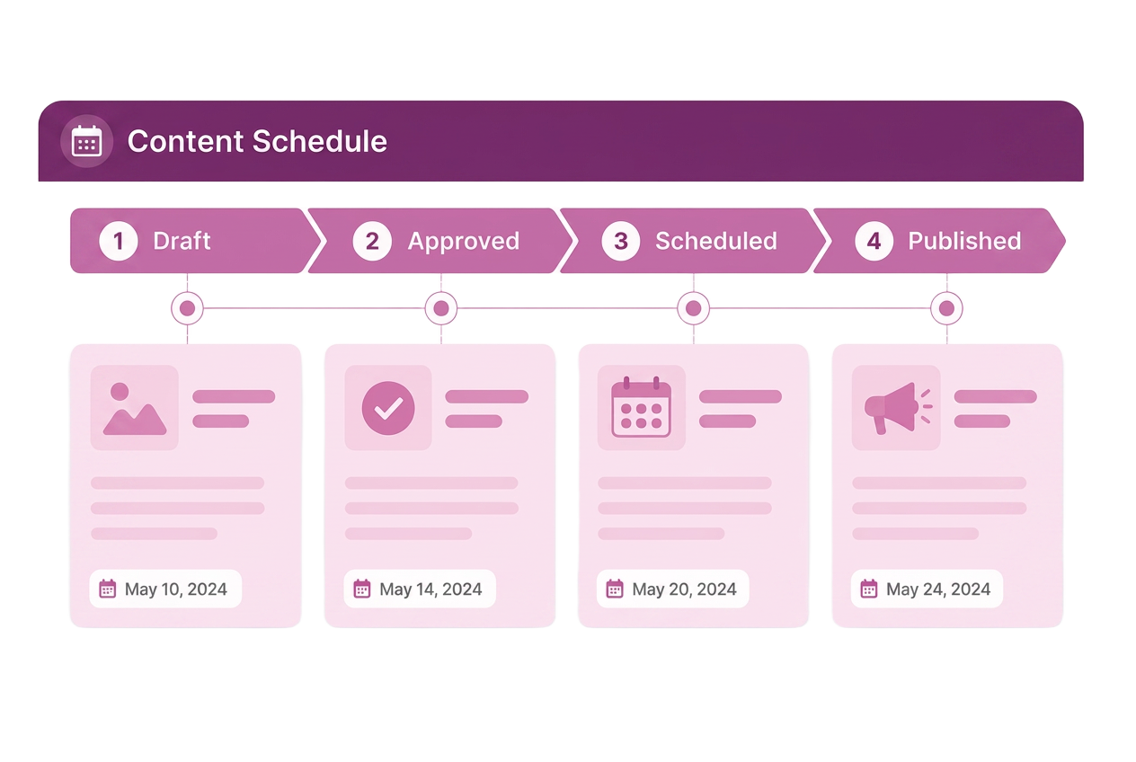 Content schedule workflow showing Draft, Approved, Scheduled, and Published stages with assigned dates