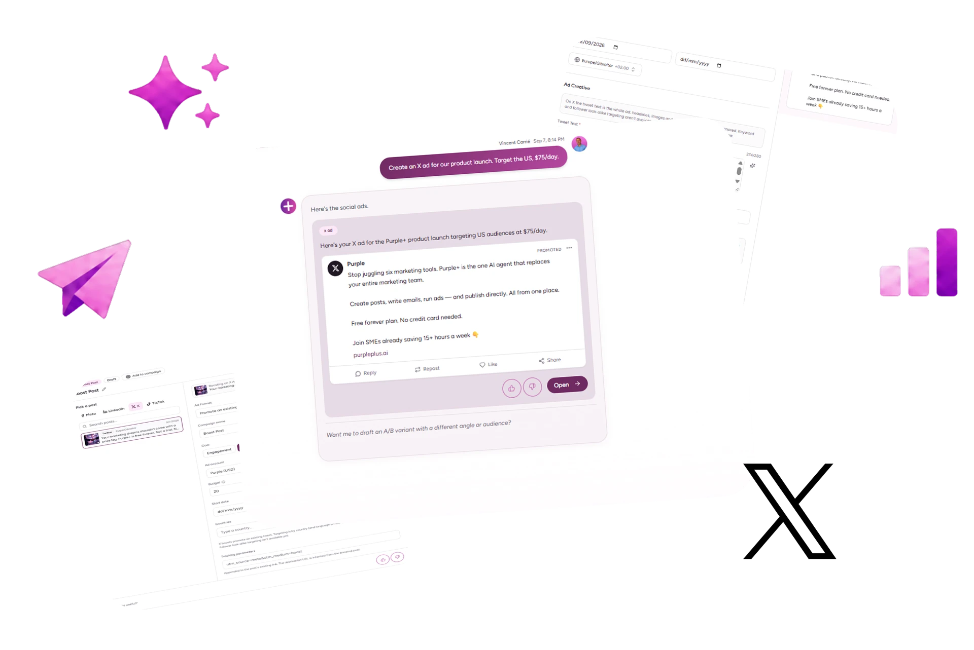 Purple+ creating an X ad for a product launch, with ad creative, budget and targeting settings