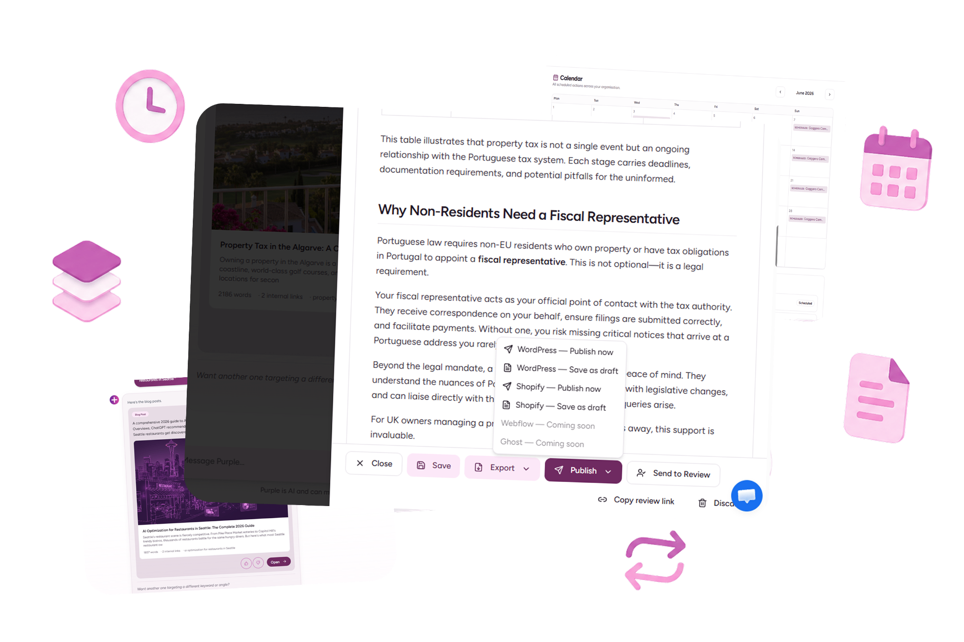 Content scheduler hero showing blog post publishing interface with calendar scheduling, WordPress and Shopify publishing options, and content management workflow