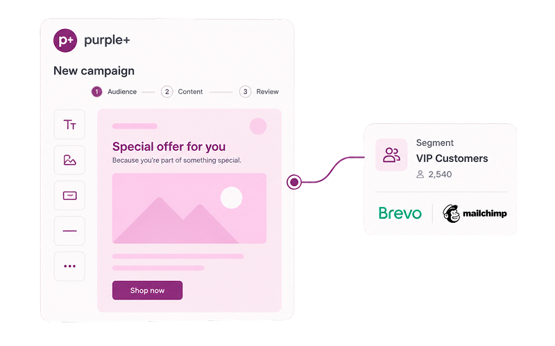 Purple+ campaign editor connected to Brevo and Mailchimp showing audience segment and email preview