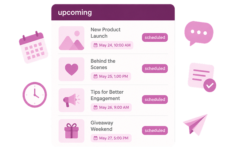 Manage upcoming content: upcoming posts list with scheduled dates and platform icons