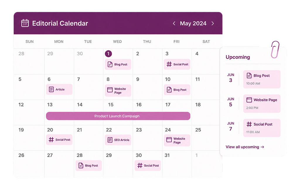 Editorial Calendar showing blog posts, social posts, articles, and campaigns scheduled across May 2024