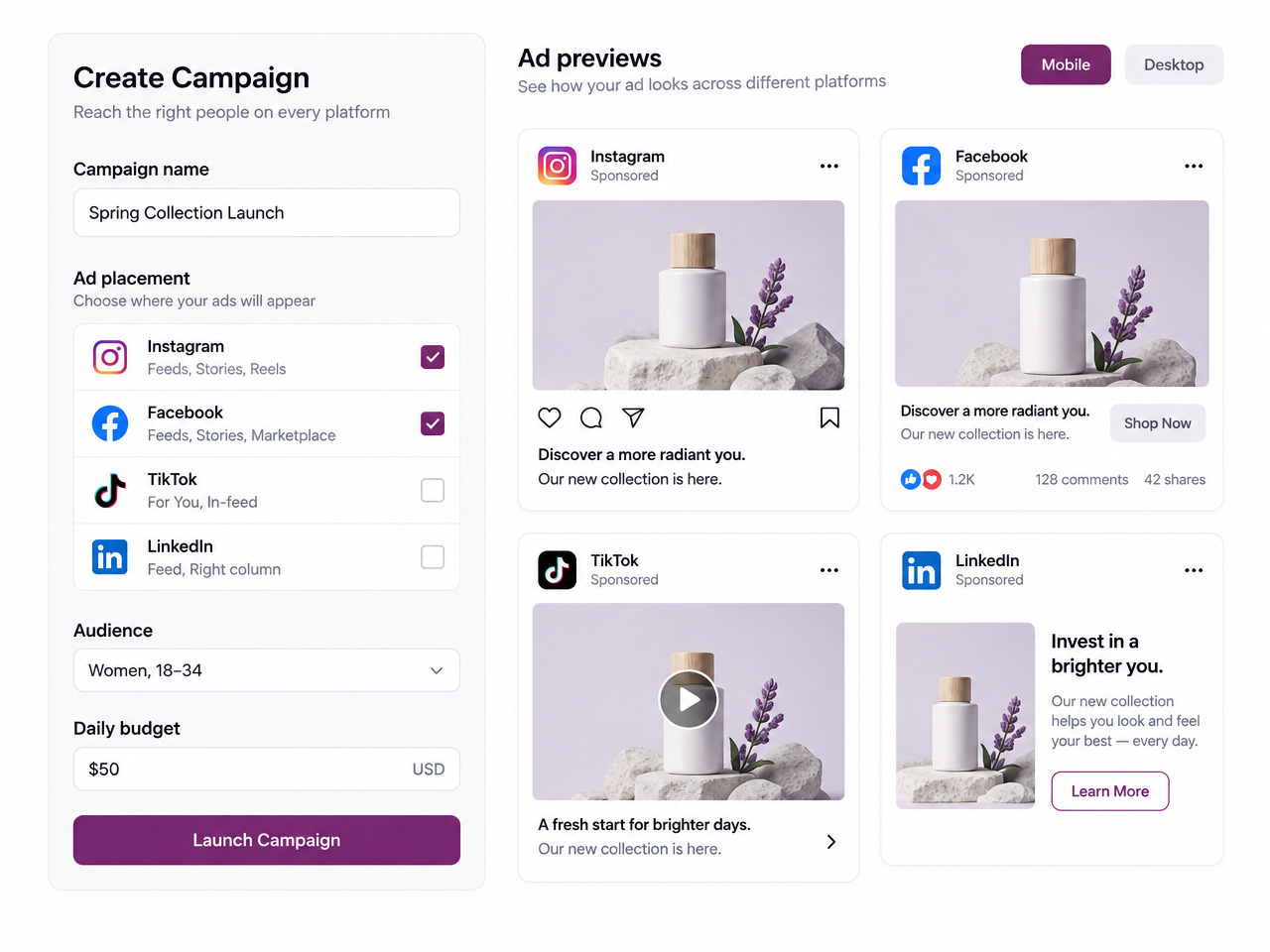 Campaign setup panel beside ad previews for Instagram, Facebook, TikTok and LinkedIn