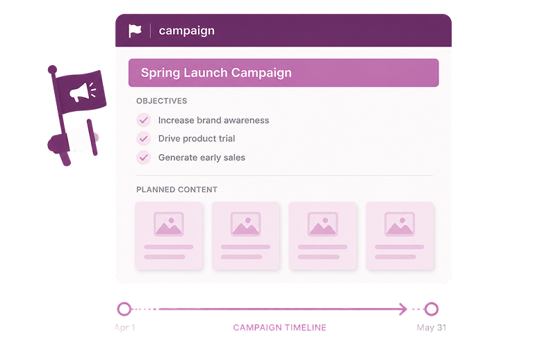 Spring Launch Campaign planner showing objectives, planned content cards, and a campaign timeline from April 1 to May 31