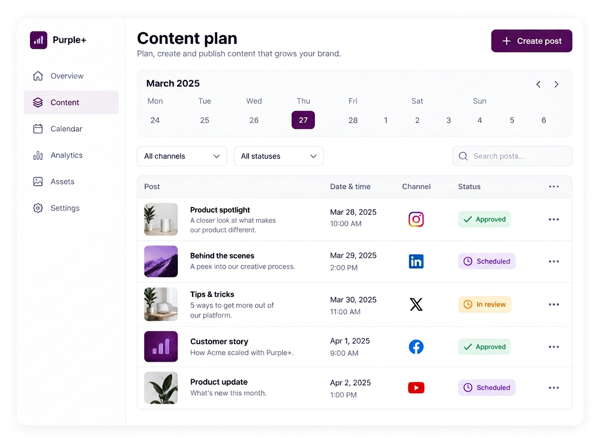 Purple+ content plan showing scheduled social posts with approved, scheduled and in-review statuses