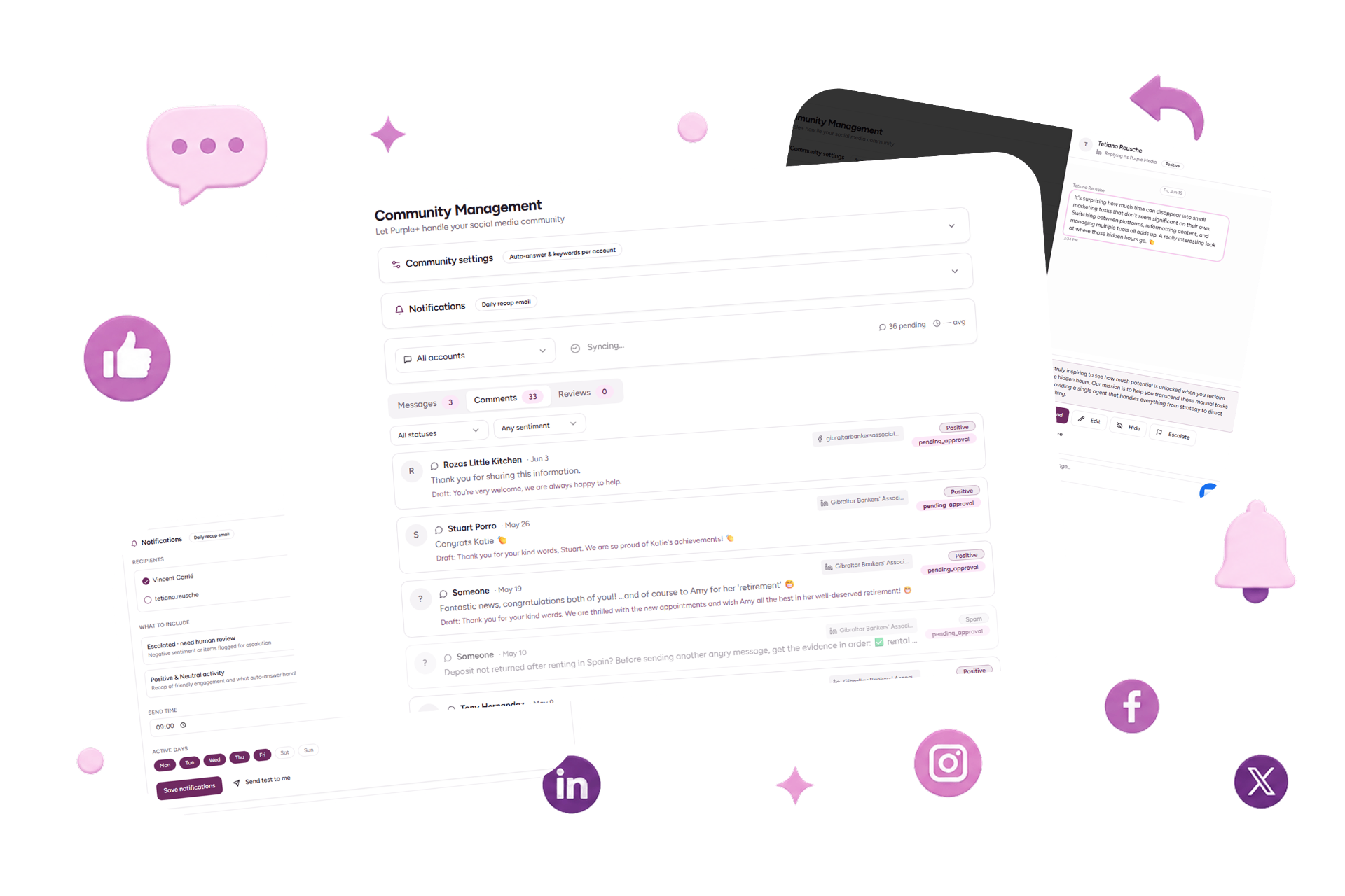 Purple+ community management — unified inbox for comments, DMs and reviews