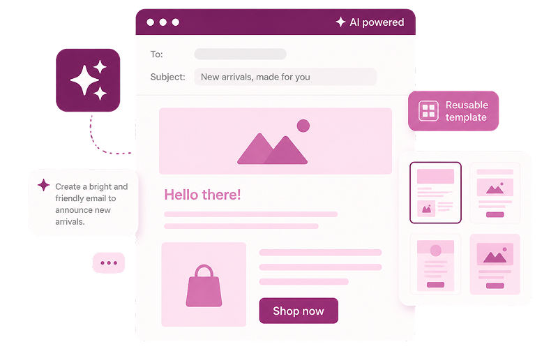 AI email campaign editor creating a newsletter with reusable templates