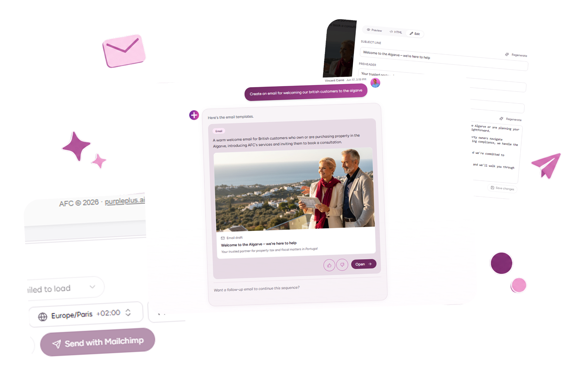 AI email marketing platform showing email campaigns, newsletters and automation connected to Brevo and Mailchimp