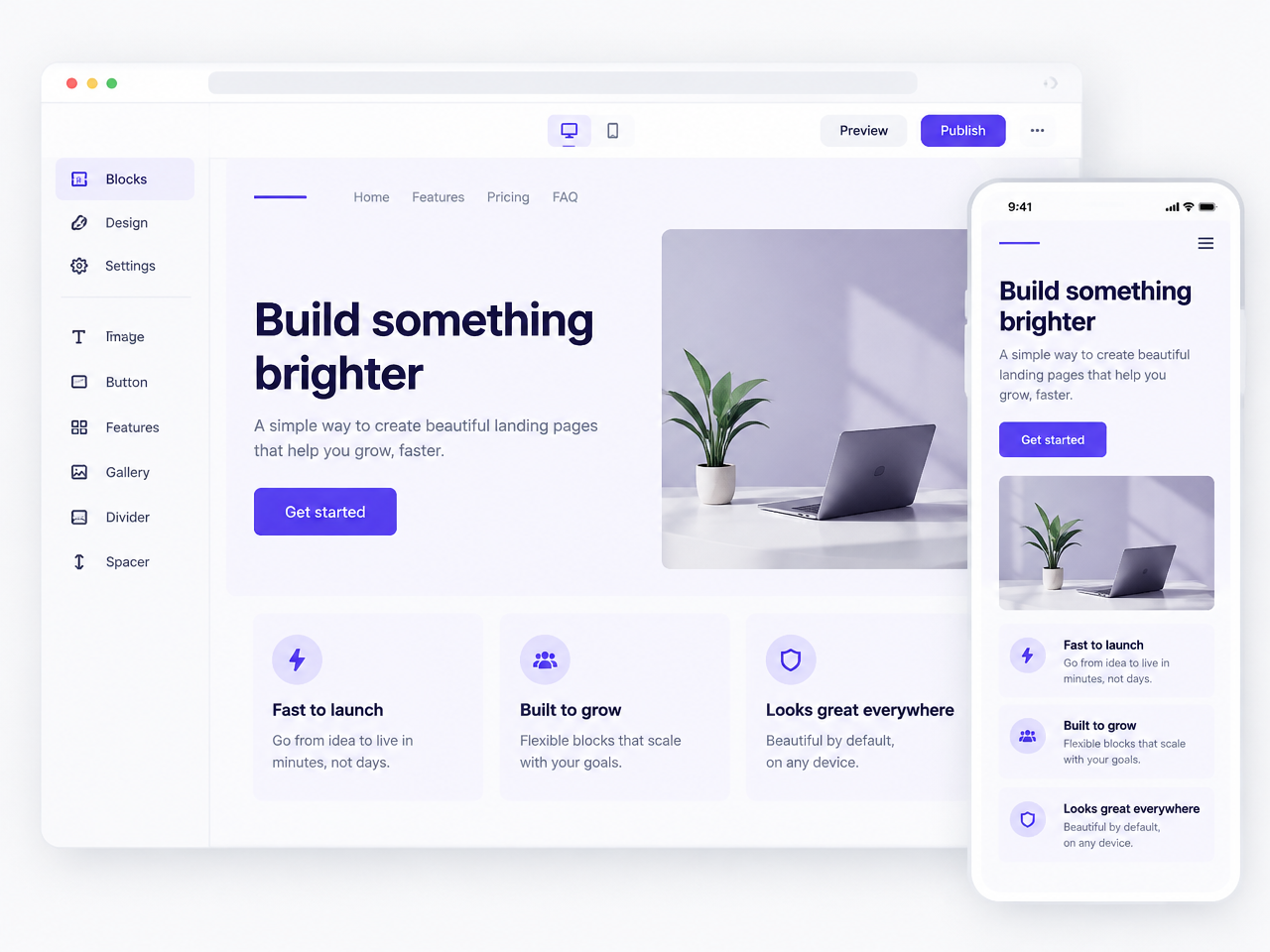 Landing page editor showing a desktop page layout alongside its mobile preview