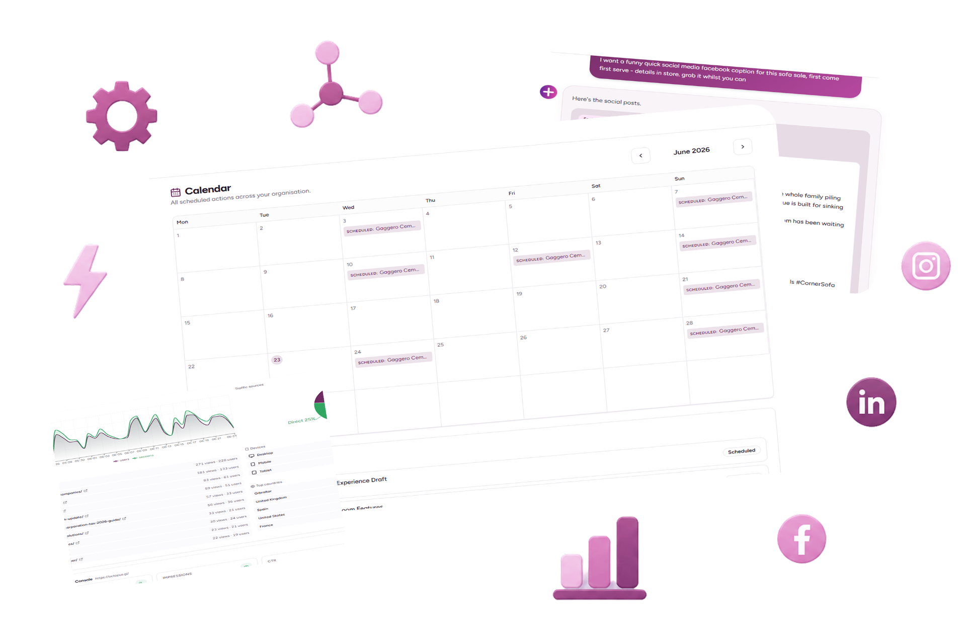 Marketing automation dashboard showing campaign calendar, social scheduling, and performance analytics in one unified platform